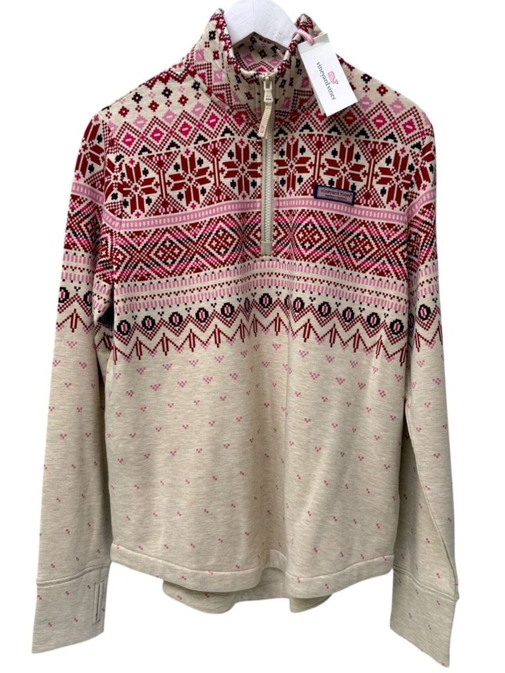 Vineyard Vines Womens Sweatshirt Medium Shep Shirt 1/4 Zip Pink Fair Isle NWT